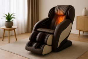 Fauteuil massant chauffant dans un intérieur apaisant avec lumière naturelle